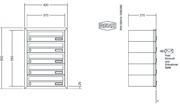RENZ Briefkastenanlage Unterputz, Eckrahmen, Edelstahl V4A, Kastenformat 370x110x270mm, 5-teilig